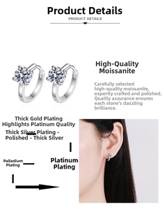 Detail of 925 silver hoop earrings with 4-prong moissanite and multi-layer plating