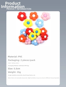 Detailed view of colorful PVC flower charms for beach bags with size and weight specs