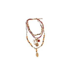 Bohemian multi-layer necklace with red woven cord, golden coins and beaded strands