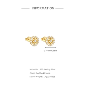 Macro shot of 925 silver flower earrings with 5A zirconia and gold finish detail