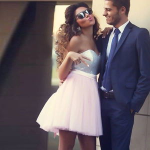 Pink sequin cocktail dress with silver glitter bodice and layered tulle skirt for parties