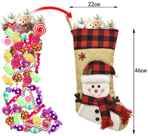 Detail of 3D snowman Christmas stocking with dimensions 46cm by 22cm filled with gifts