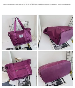 Detail view of purple nylon travel bag with expandable bottom and trolley sleeve