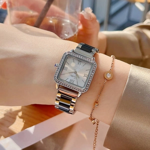 Elegant square women's watch with rhinestone bezel and matching slim metal bracelet