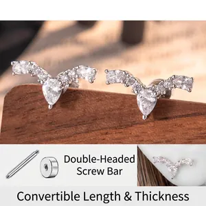 V Shaped Titanium Steel Zircon Earring Waterdrop Piercing Flat Screw Back Helix Cartilage Jewelry For Women Elegant