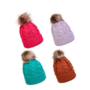 Winter cable knit beanie with faux fur pompom in rose, purple, teal and brown colors