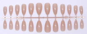 Flat lay of 24-piece nude pink almond-shaped press-on nails on a plastic frame