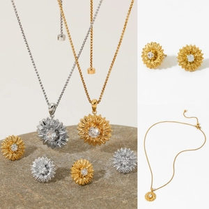 Sonnenblume Halskette Ohrringe Edelstahl Zirkon Für Frauen Zierlich Blumendesign Pendlerstil