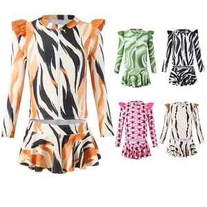 Girls Long Sleeve Swimsuit Two Piece Zipper Rash Guard Sun Protection Ruffle Skirted Swimwear For Kids