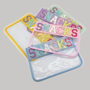 Transparent PVC Makeup Bag Chenille Letter Patches Snacks Toiletry Pouch Waterproof Travel Organizer Zipper Handheld