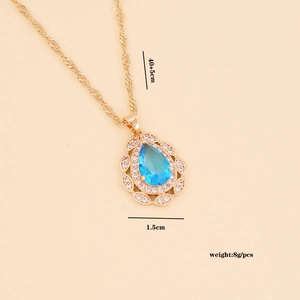Detail view of blue teardrop pendant necklace with dimensions and weight 8g specs