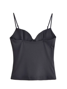 Detail of black camisole back featuring adjustable thin straps and clean stitching finish