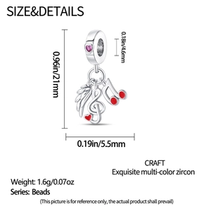 Detailed size specifications of silver musical note and heart bead charm with pink zircon