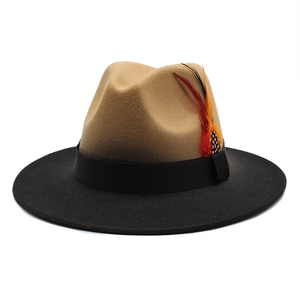Detail of wool fedora hat featuring two-tone camel and black design with colorful feathers