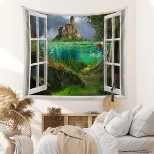Detail of 3D window view tapestry showing a serene castle lake and forest landscape