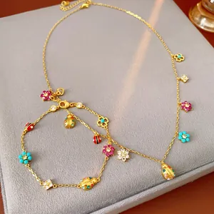 Ladybug Flower Necklace And Bracelet Copper Colorful Zircon Enamel Charms Fashion Sweet Jewelry Accessories For Women