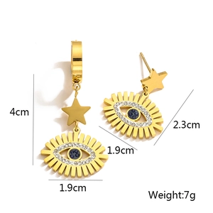 Detail of star and evil eye earrings in gold finish with dimensions and weight