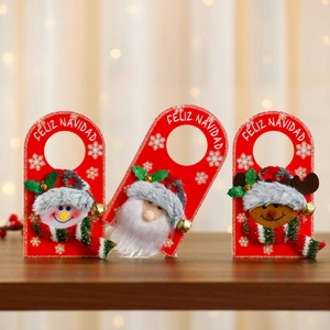 Three-piece Christmas door hangers set with snowman, Santa, and elk in festive red