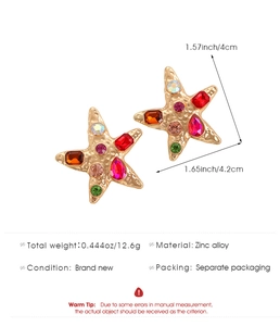 Detail view of colorful rhinestone starfish earrings with zinc alloy dimensions and weight