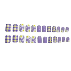 Unghie finte viola a scacchi e margherite, set di 24 pezzi in forma quadrata corta e dolce