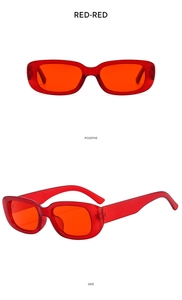 Modern red rectangle frame sunglasses with transparent lenses from front and side views