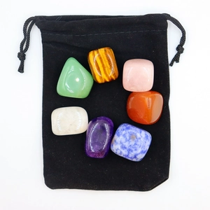 Polished natural crystal set of 7 colorful gemstones with black velvet pouch