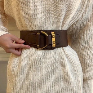 Fashionable dark brown wide elastic waist belt with gold buckle and square metal studs