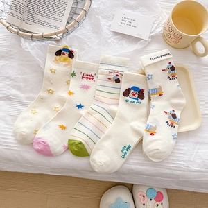 Women Crew Socks Cotton Blend Cartoon Dachshund Dog Pattern Sweat Absorbent Breathable Korean Style Casual Hosiery