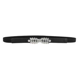 Elastic black waist belt featuring vintage silver leaf-shaped metal buckle on white background