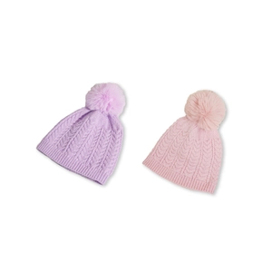 Pink and lilac knitted cable hats for girls featuring large decorative faux fur pom-poms