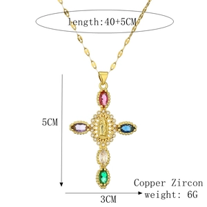 Détail du pendentif croix avec zircons colorés, Vierge Marie et spécifications