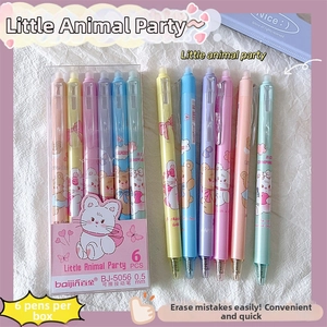 Set of 6 erasable 0.5mm retractable gel pens with cute bear and rabbit animal prints