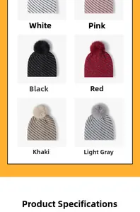 Detail view of colorful knit beanies with large pom-poms and diagonal stripe patterns
