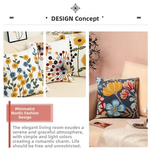 Detail of vibrant floral towel embroidery on premium cushion cover with 3D texture
