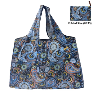 Oxford cloth shopping bag with paisley pattern showing folded and unfolded states