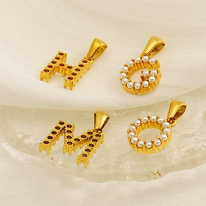 Elegant gold titanium steel alphabet pendants with pearls and claw settings on glass
