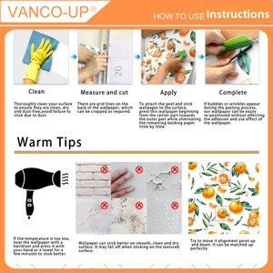 Guide showing peel and stick application of citrus leaf patterned PVC wall sticker
