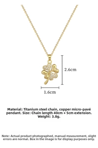 Macro shot of titanium steel clover necklace with crystal inlay and precise measurements