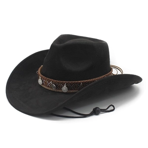 Classic black wide brim cowboy felt hat with ethnic woven band and metal coin charms
