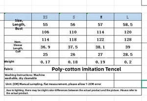 Detailed size chart for poplin shirt showing length, bust, and sleeve measurements