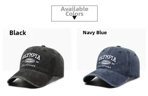 Detail view of vintage washed cotton baseball caps in black and navy with embroidery