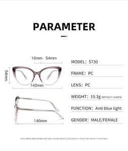 Detailed dimension chart showing frame height, bridge width and temple length for 5730 glasses