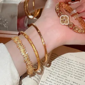 Vintage Flower Carved Open Cuff Bangle Bracelet Matte Gold Plated Copper Zircon Star Inlaid Elegant Jewelry For Women