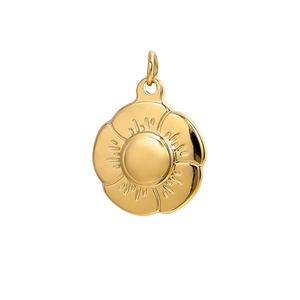 Polished gold flower pendant made of stainless steel with petal texture on white background