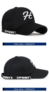 Detail of black cotton baseball cap with white H embroidery and SPORTS side ribbon