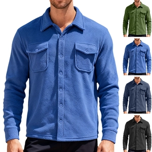 Men Fleece Long Sleeve Shirt Jacket Warm Tactical Workwear Shacket Button Up Lapel Pockets