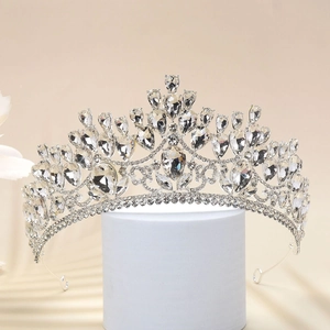 Detailed view of bridal crown with sparkling crystals on a silver metal base