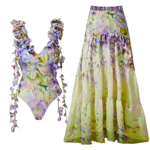 Floral one-piece swimsuit and layered maxi skirt two-piece vacation set for beachwear