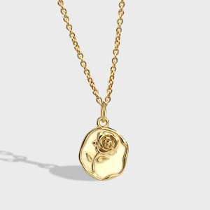 French Romantic Vintage Rose Flower Coin Pendant Necklace Copper 18K Gold Plated Minimalist Clavicle Chain Jewelry For Women
