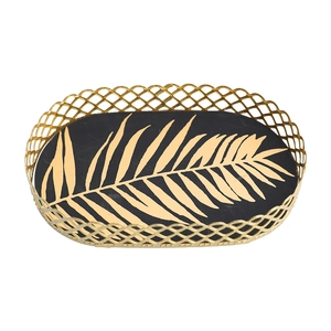 Nordic gold wire mesh oval tray with black base and golden tropical palm leaf pattern